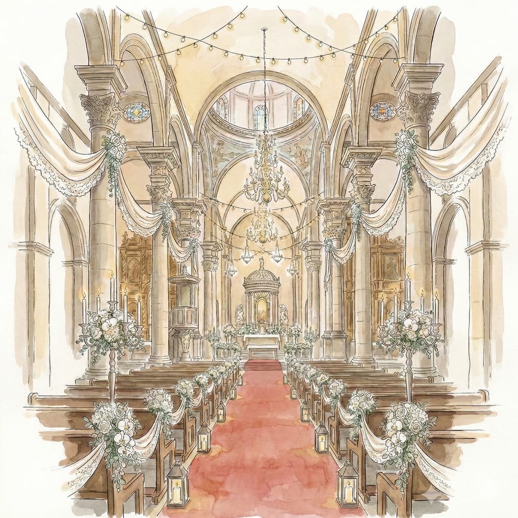 Watercolour illustration of an ornate church interior dressed with florals for a wedding ceremony