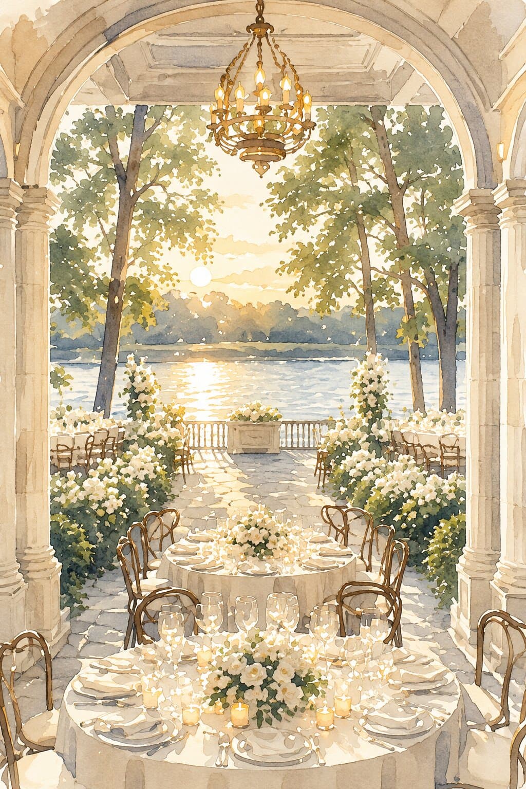 Watercolour illustration of a wedding reception terrace at sunset
