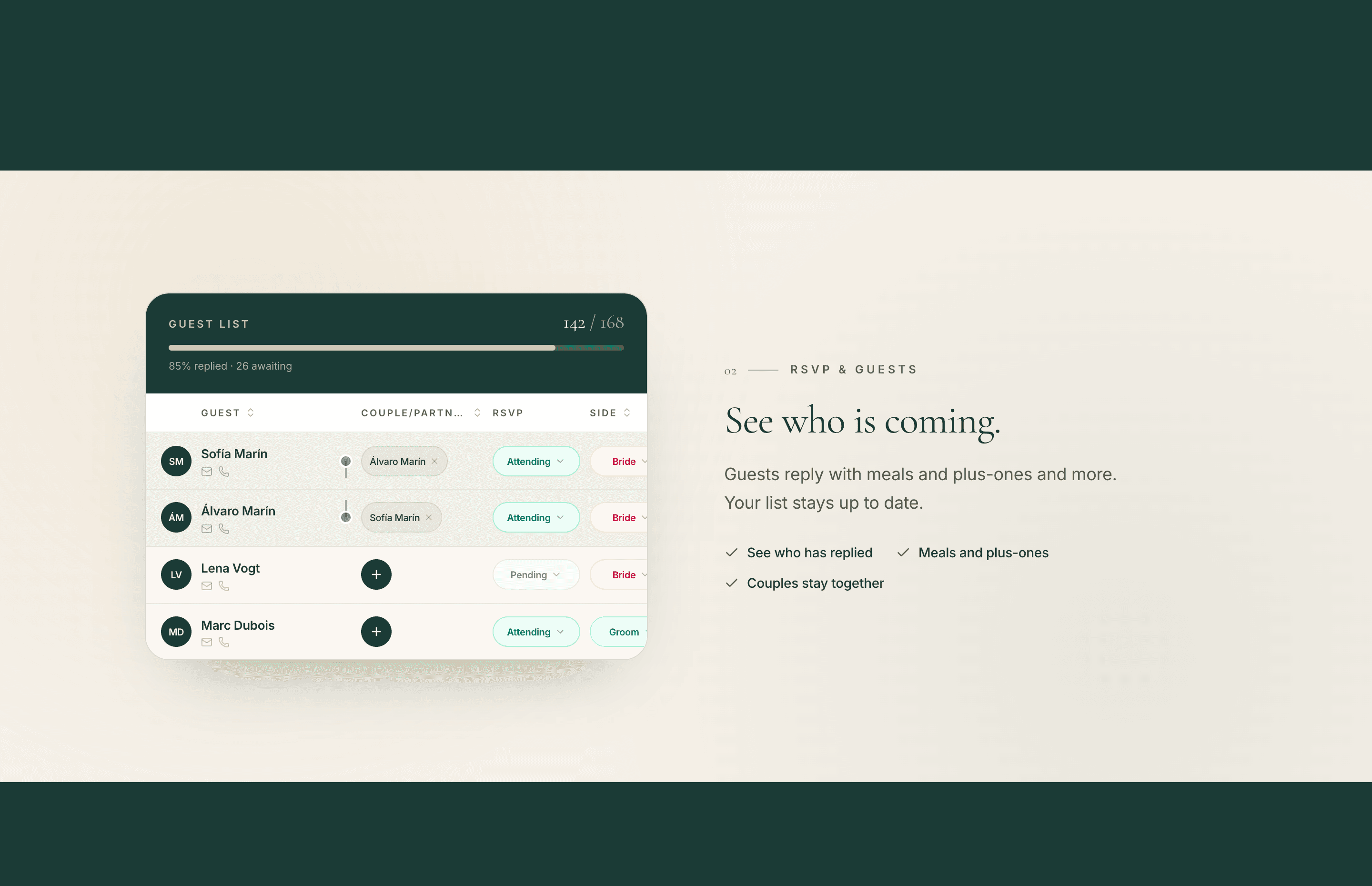 The Wedy homepage guest-list preview showing who has replied, including a plus-one