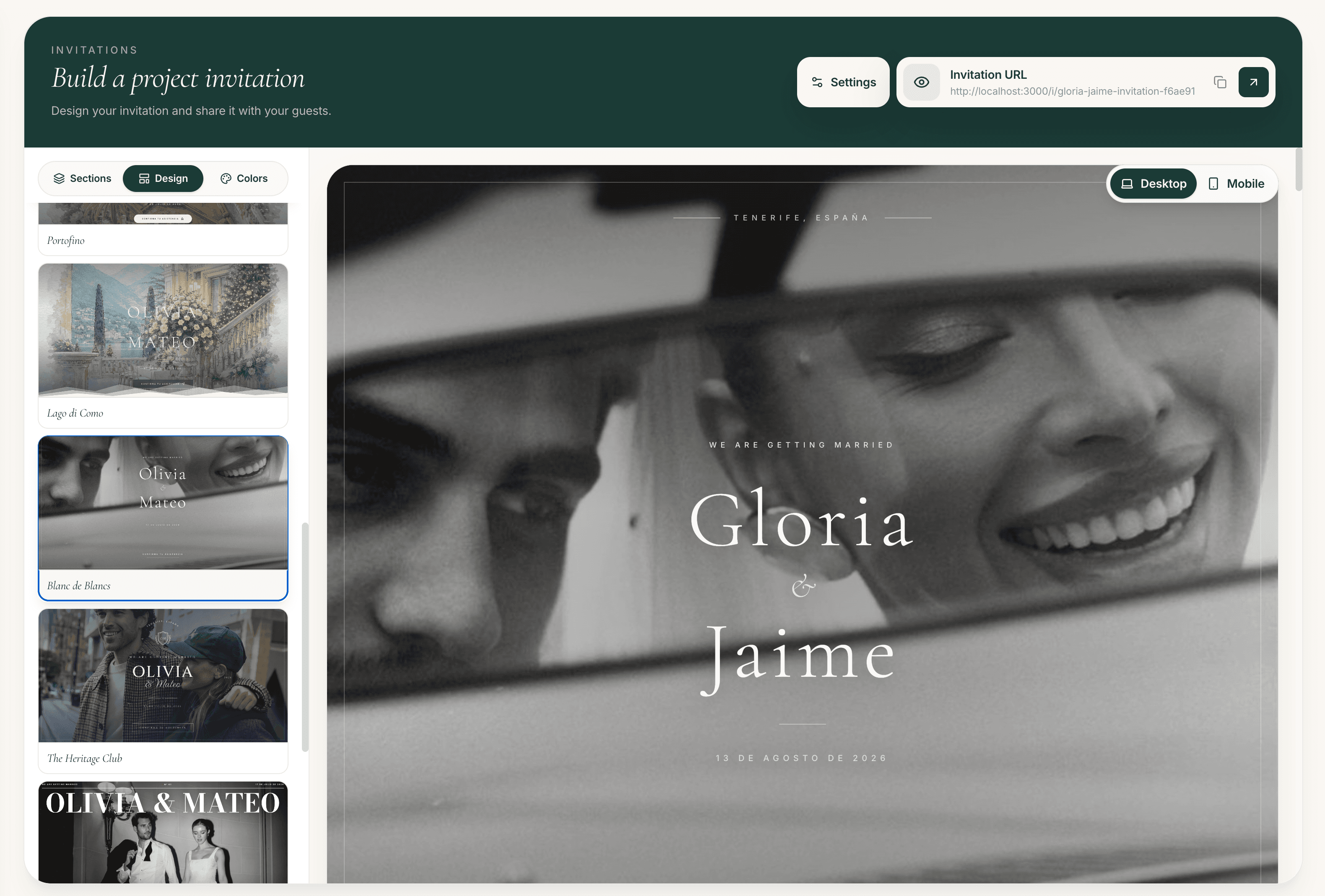 design customisation controls for colours, fonts, media, monogram and venue imagery