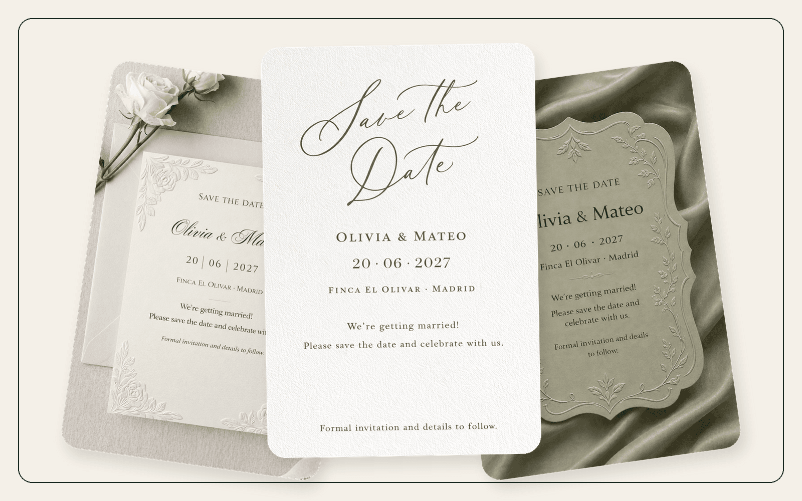 Ivory Bloom, Calligraphy and Sage Cameo Save the Date designs