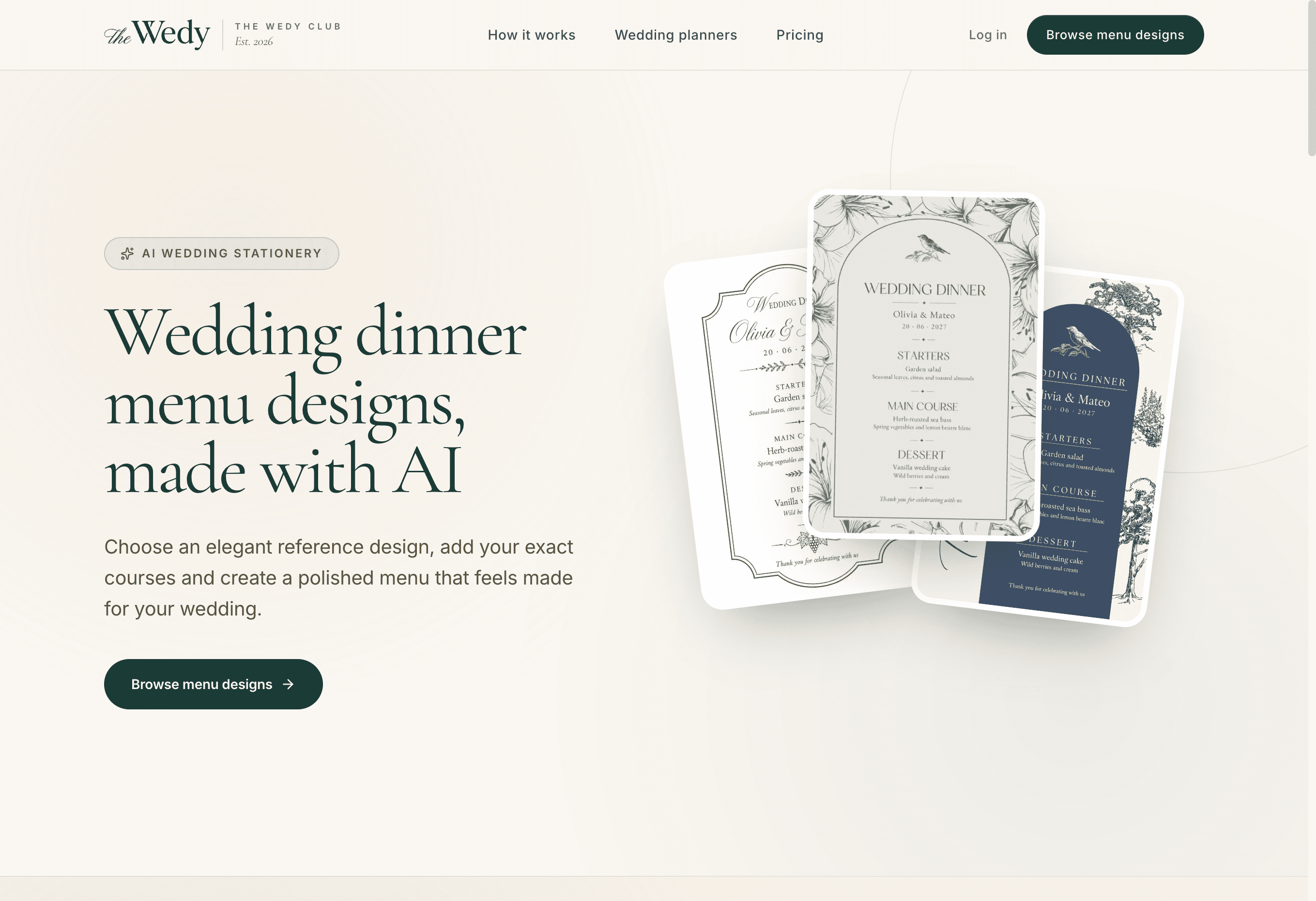 Wedding dinner menu designs on The Wedy, with three styled menu cards beside the headline
