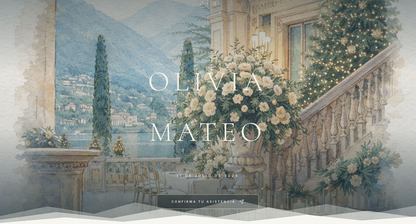 Lago di Como — misty silver-blue mountains, statuary balustrades and grand editorial typography.