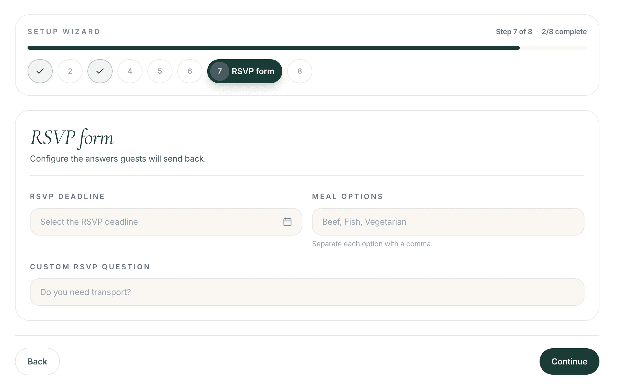 RSVP configuration editor for attendance, meals, dietary needs and custom questions