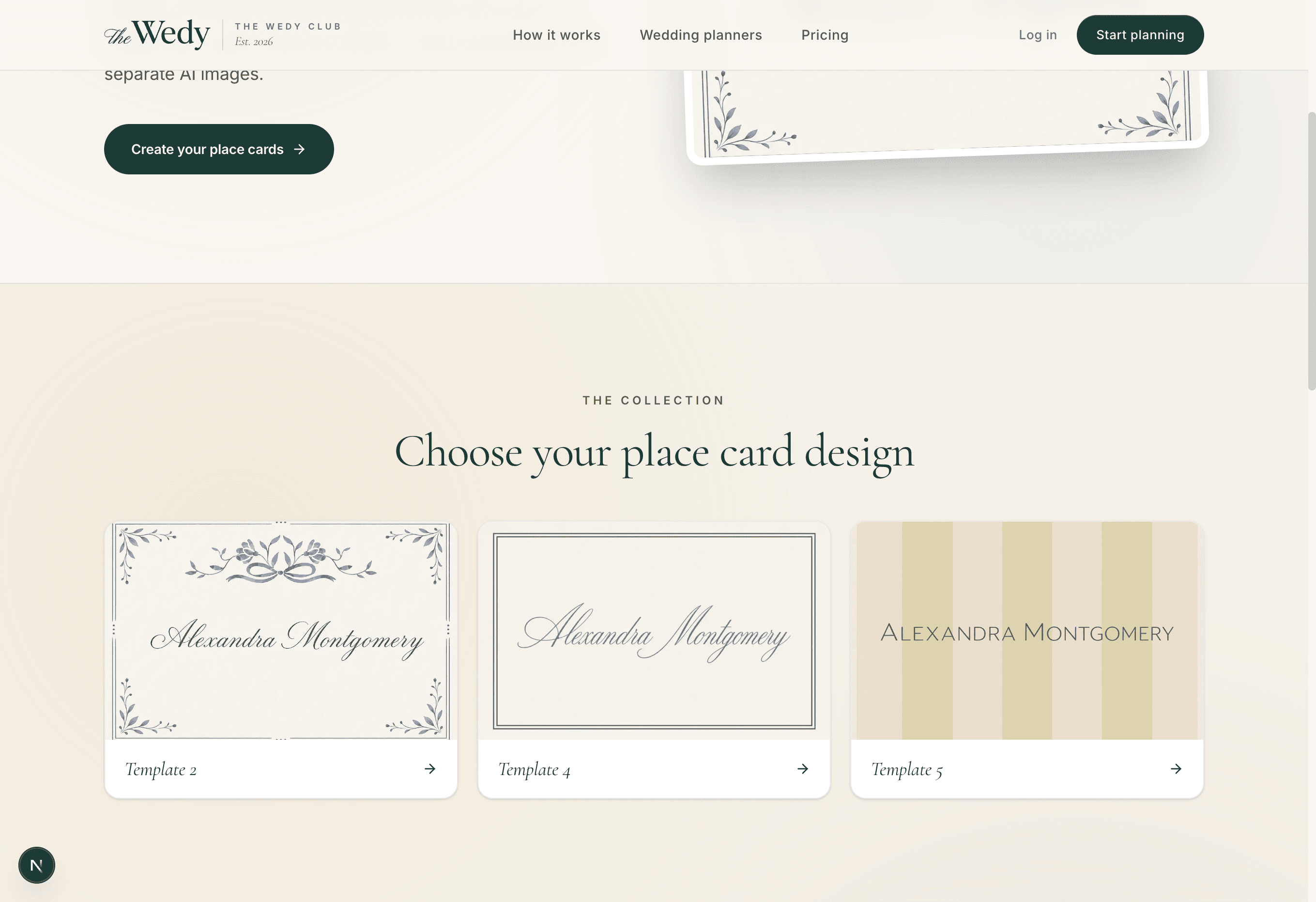 Nine wedding place card templates in The Wedy collection grid
