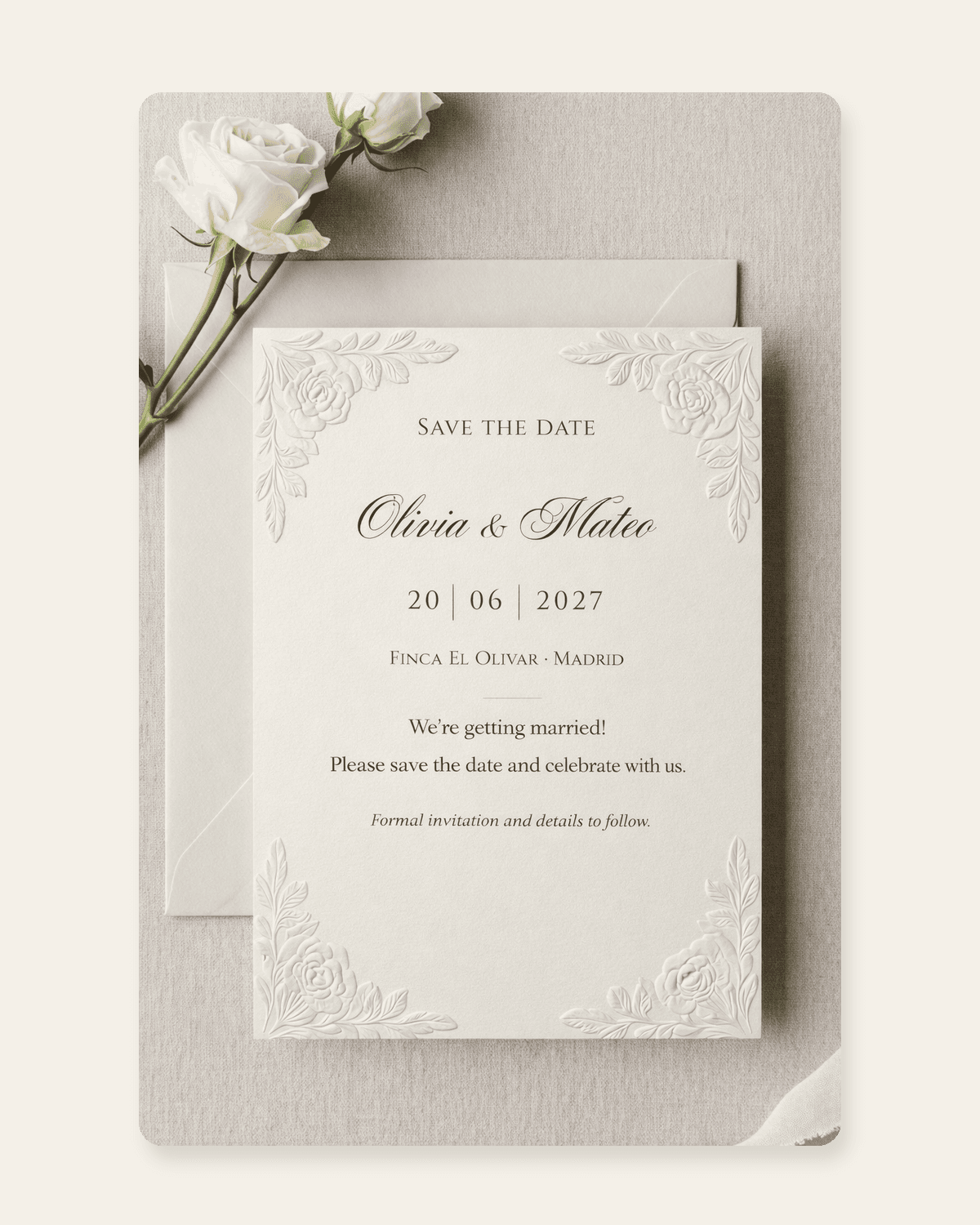 Ivory Bloom Save the Date with couple names, wedding date and city