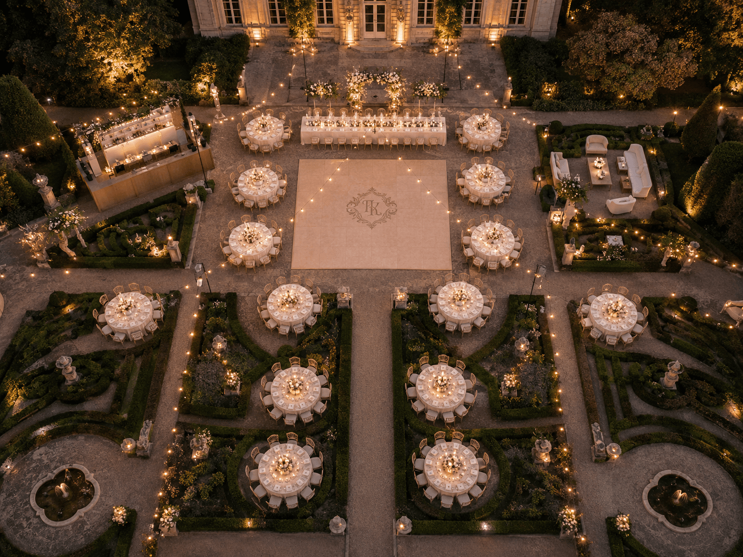 Plano completo del venue para 150 invitados con zonas y mesas asignadas