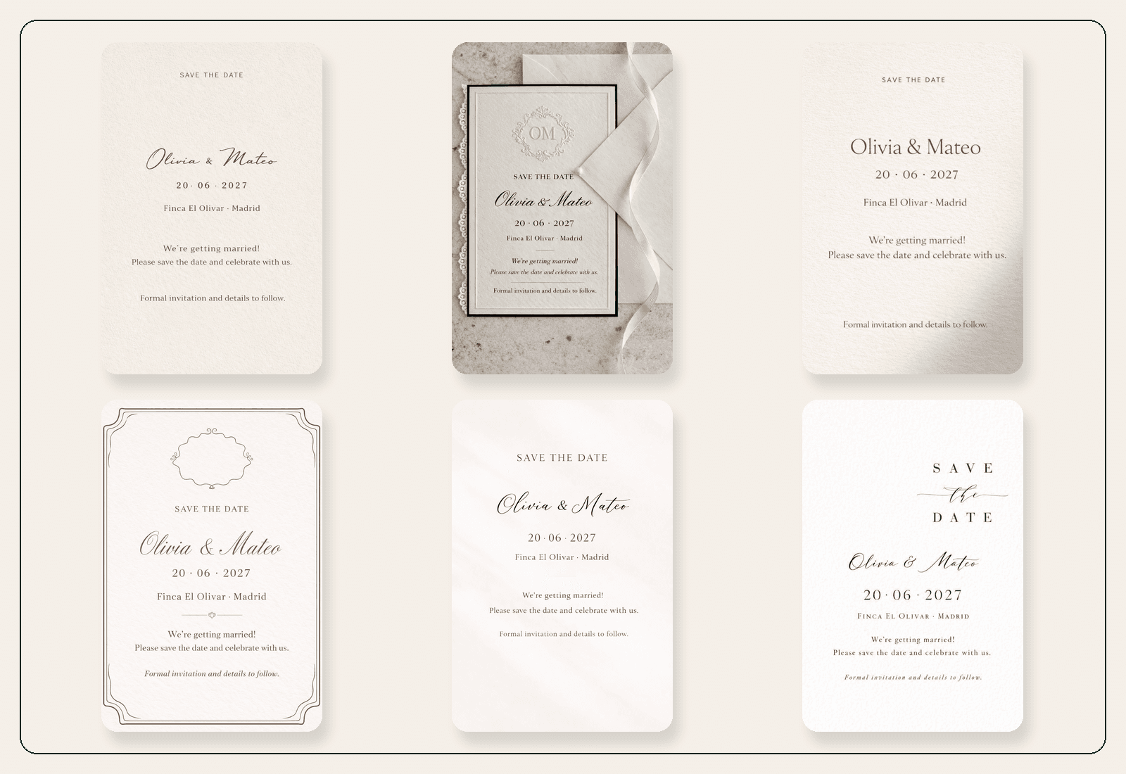 Save the Date designs in Écru, Atelier, Blush, Filigree, Pearl and Editorial styles