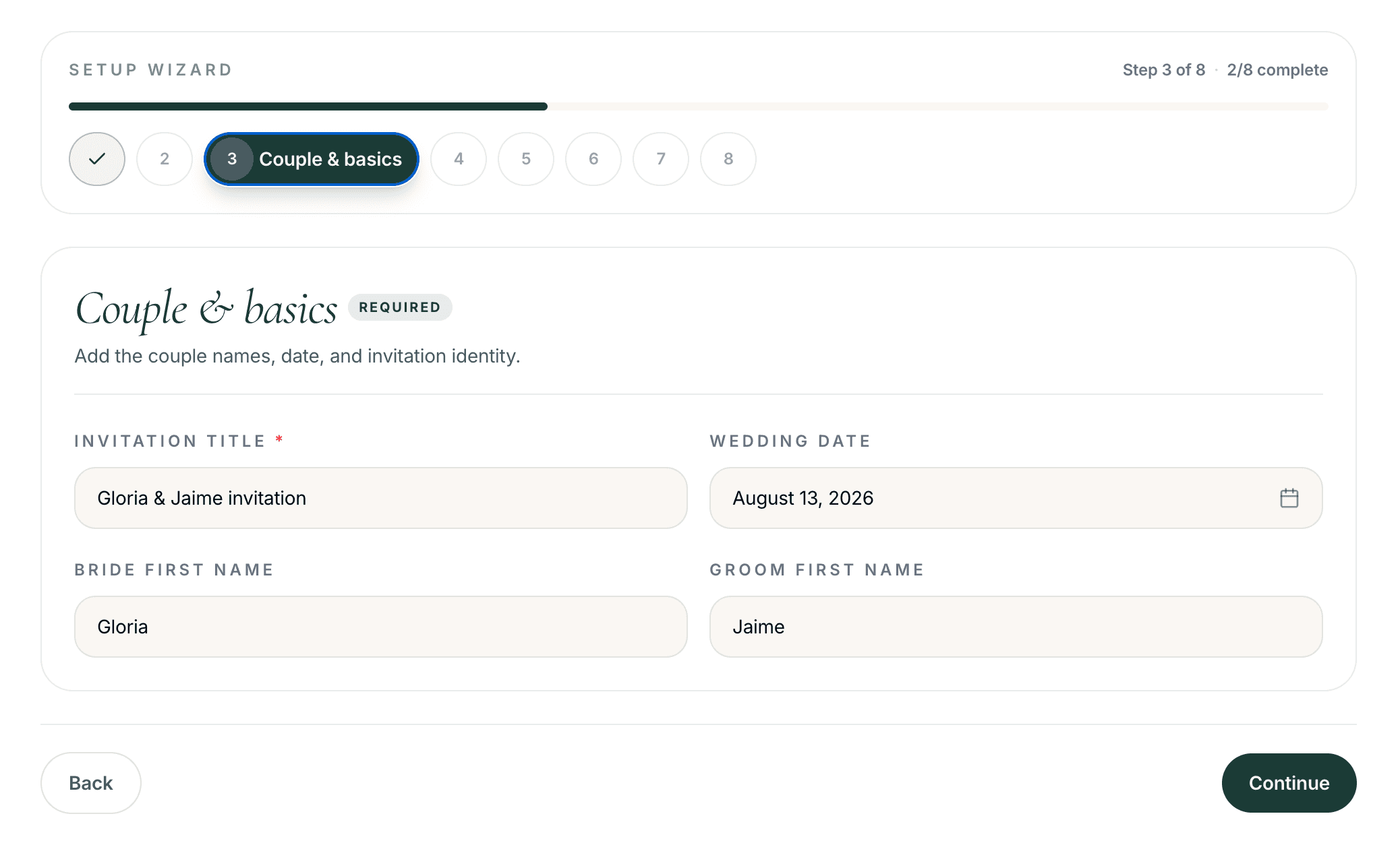 wedding basics form for couple names, date, venue, times and primary language
