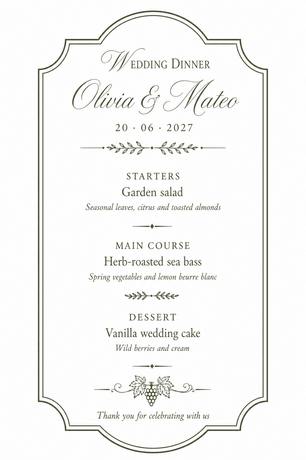 Heritage wedding dinner menu template with sample starter, main course and dessert