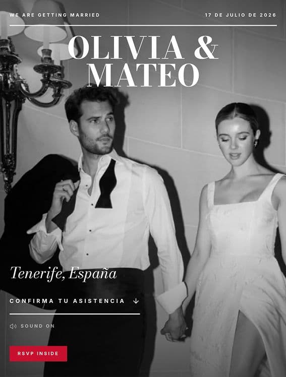 The Wedding Issue invitation for Olivia and Mateo, a black-and-white magazine cover with an RSVP inside label