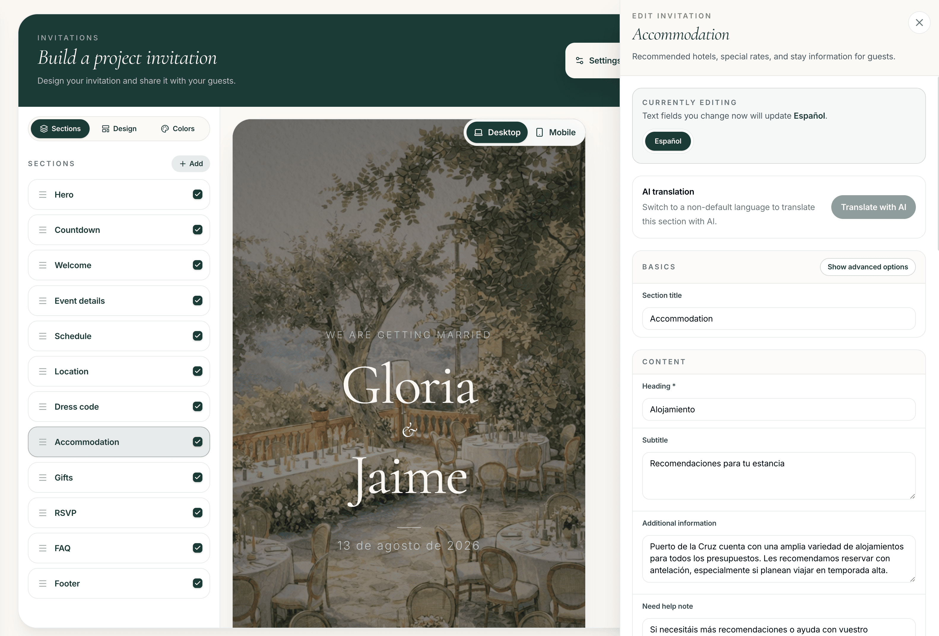 invitation section editor showing modular guest-information sections