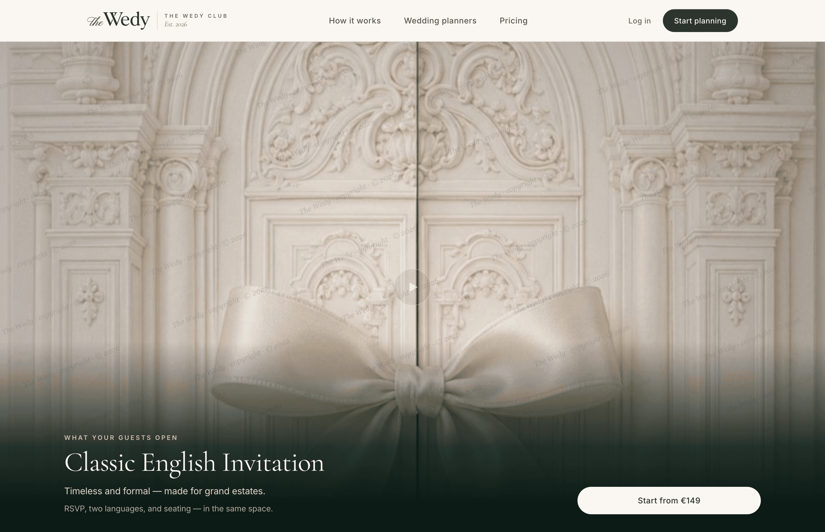 Classic English Invitation demo on The Wedy, with a formal cream door and bow