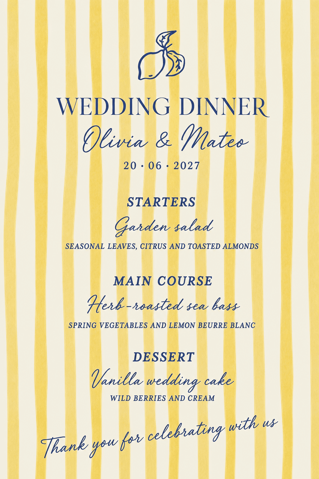 Limoncello wedding menu template with a Mediterranean, citrus-led design