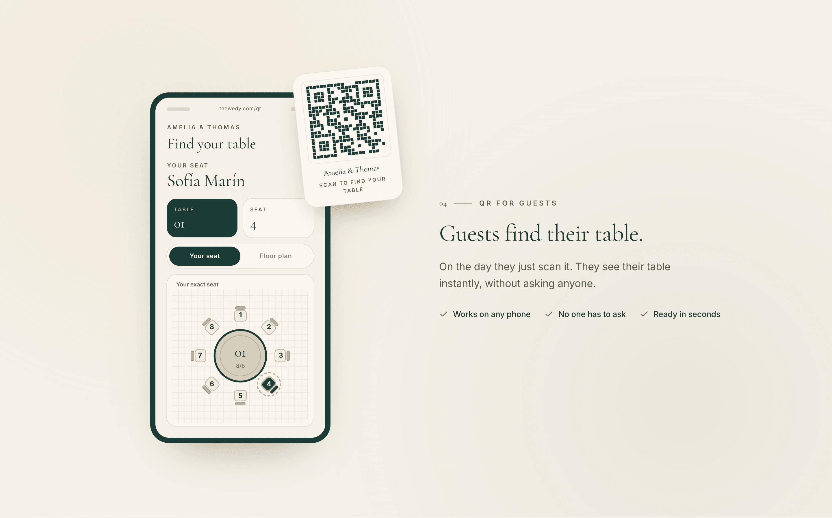 The Wedy guest QR lookup on a phone, showing Sofía Marín at table 01 seat 4, beside a printed scan-to-find-your-table card