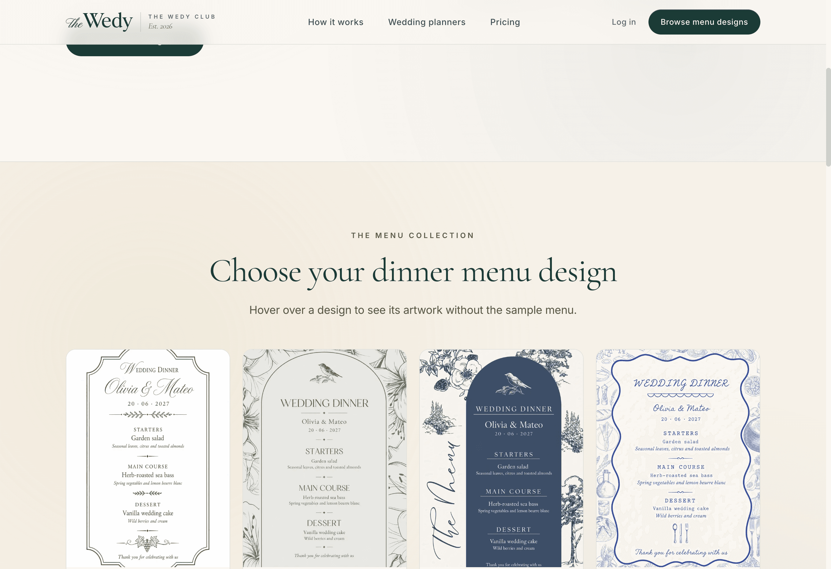 The Wedy wedding menu collection showing Heritage, Botanical, Toile and Porcelain designs