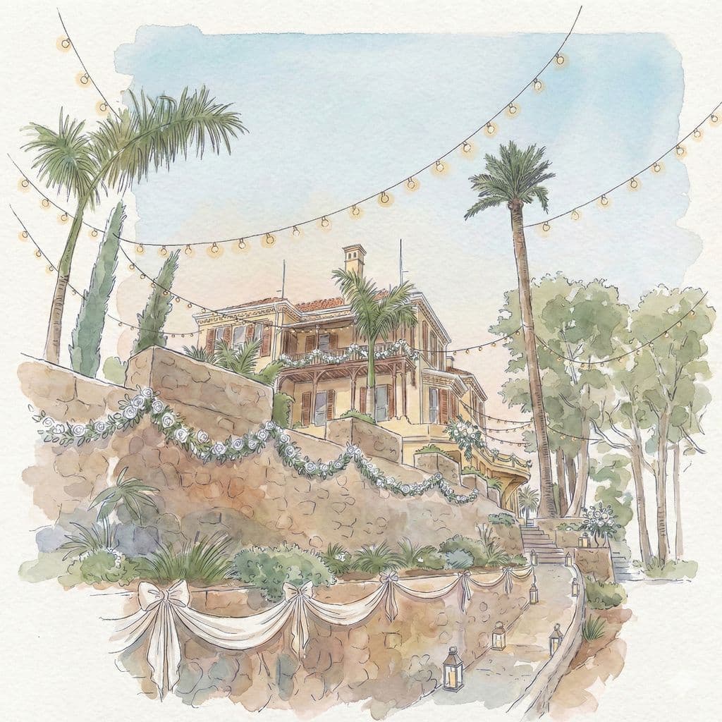 AI-generated watercolour illustration of a wedding villa