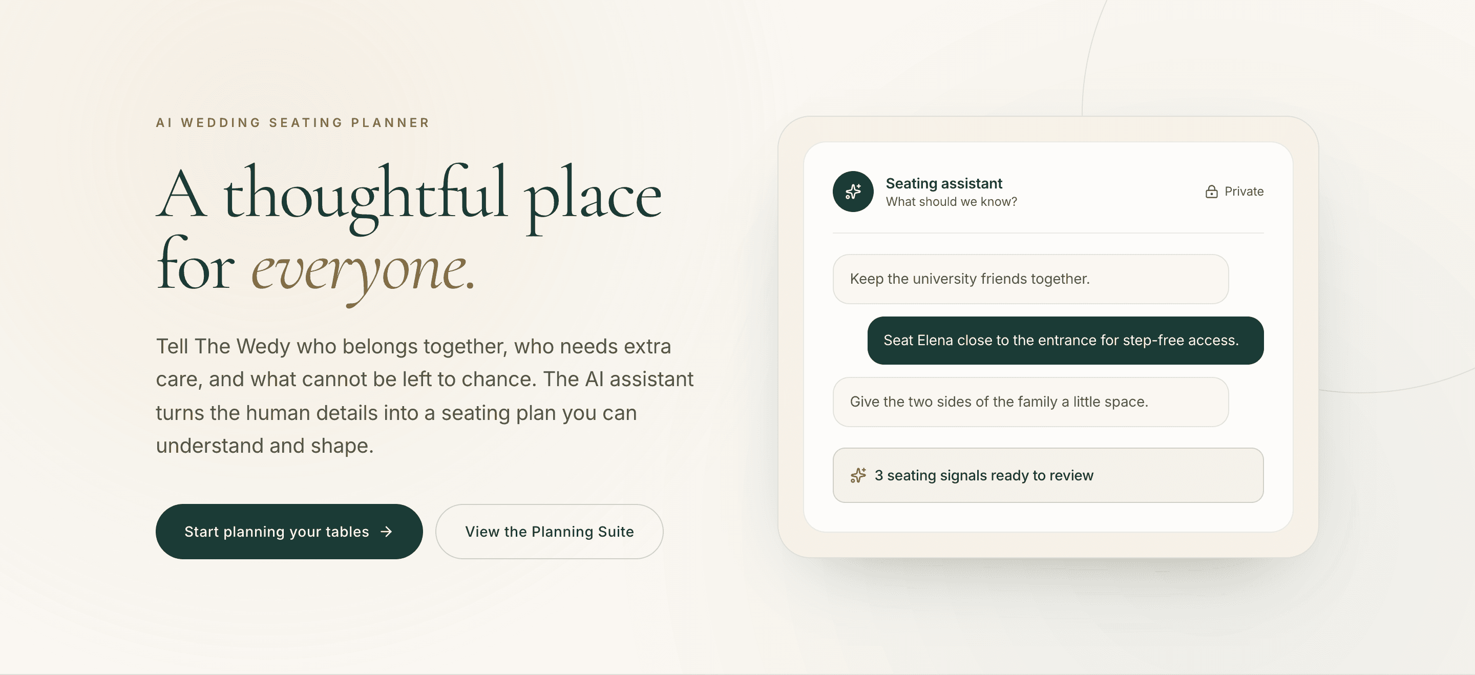 The Wedy AI wedding seating planner hero, with the seating assistant holding notes about university friends, accessibility and family space