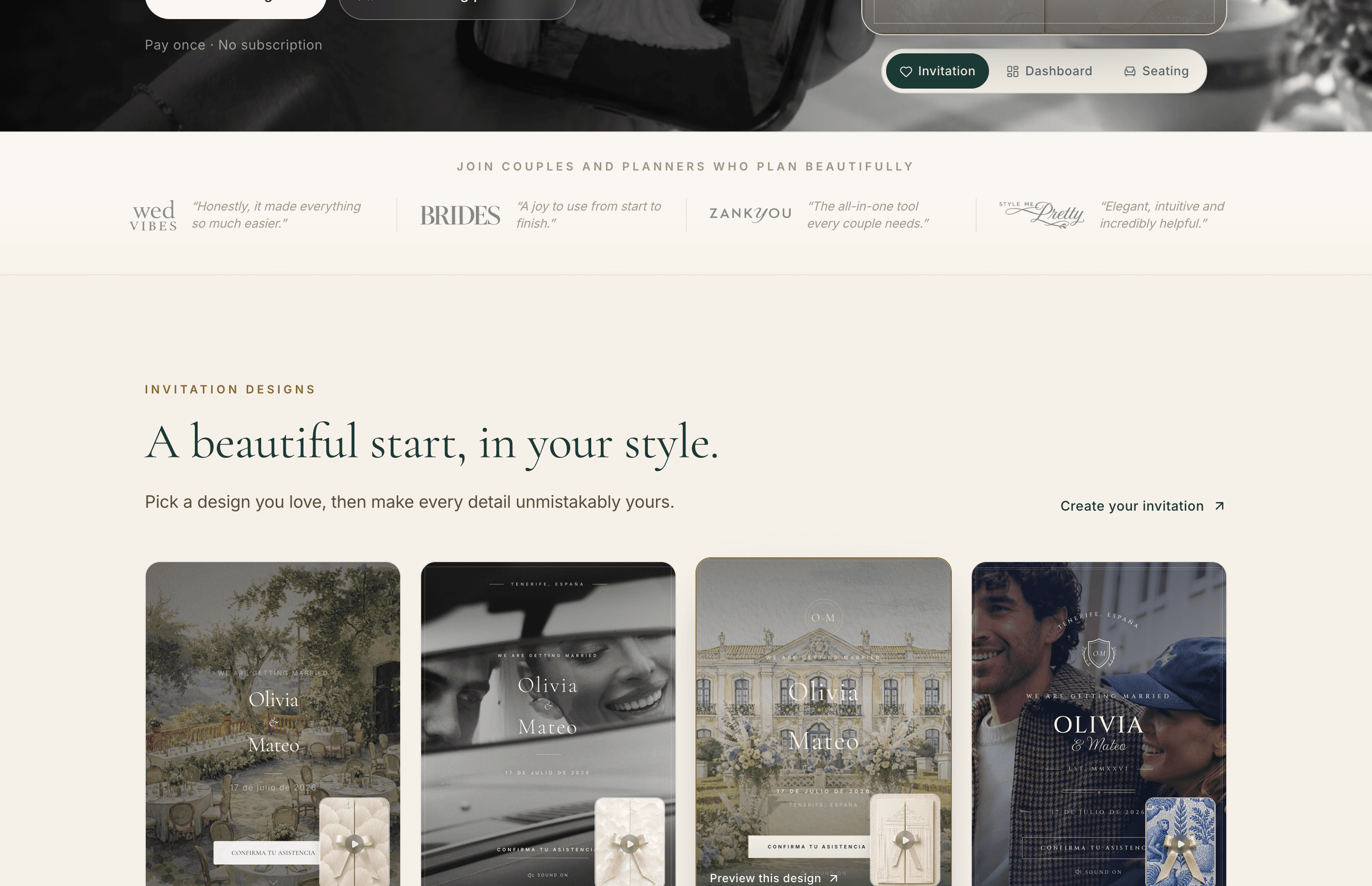 The Wedy invitation designs grid, including Mediterranean, Blanc de Blancs, Château Élégance and The Heritage Club
