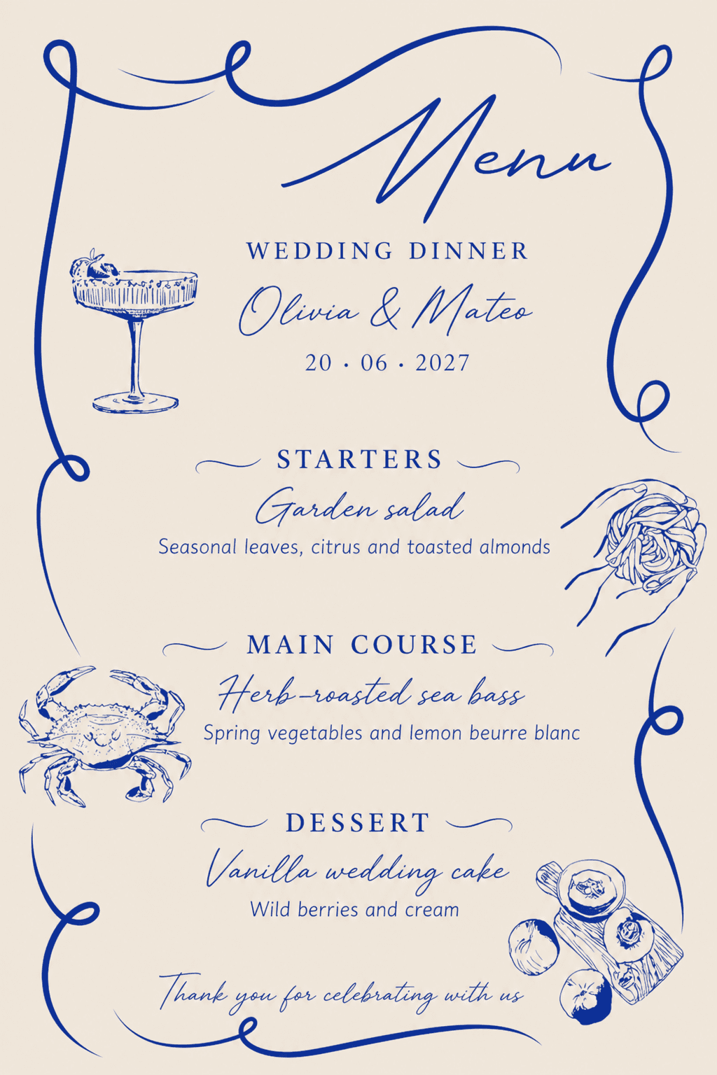 Bistro wedding dinner menu template with a stronger, restaurant-like layout