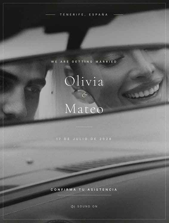 Blanc de Blancs invitation for Olivia and Mateo, a white-on-white design with a confirm button